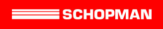 Logo van Schopman Transport met drie witte strepen en de naam Schopman op rode achtergrond